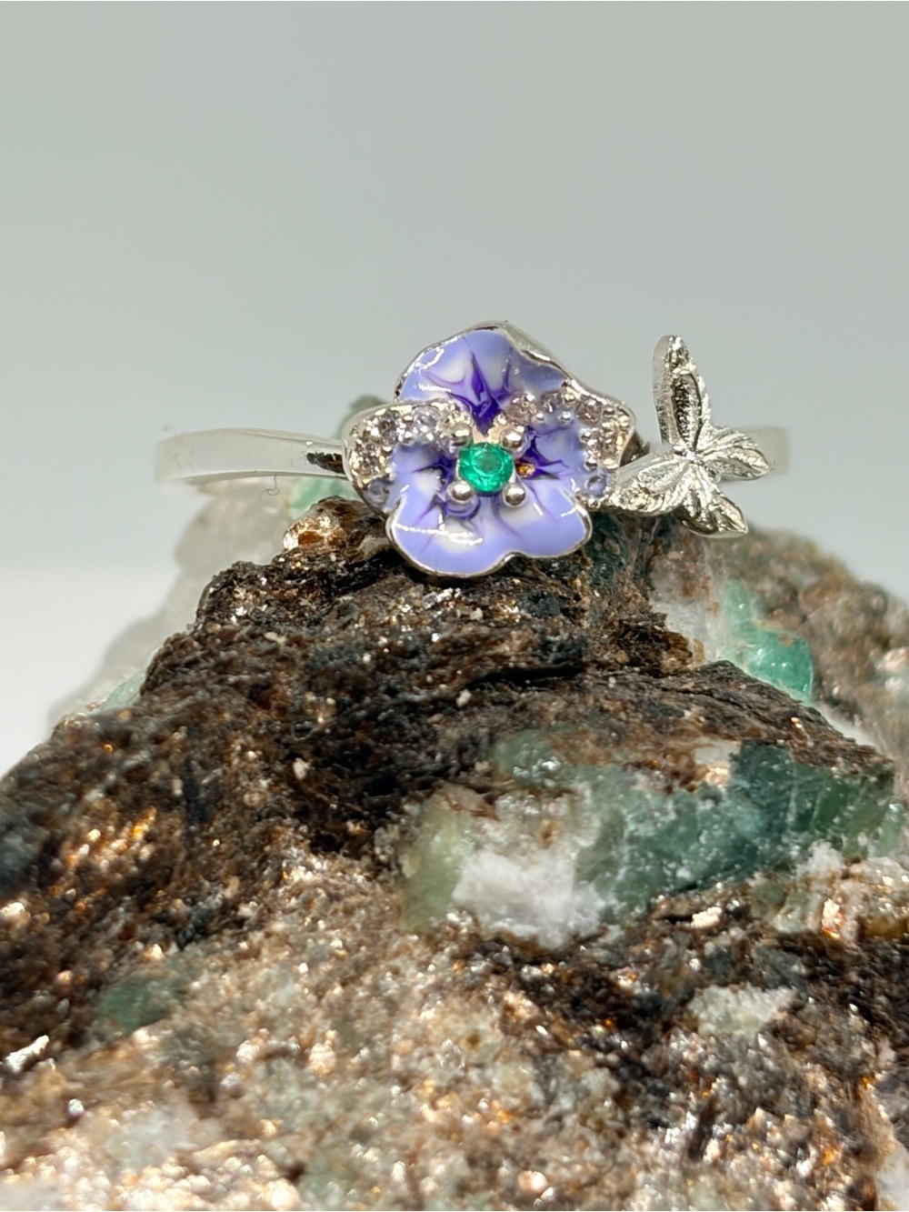 925 Silver Butterfly & Purple Flower Ring with authentic Colombian emerald